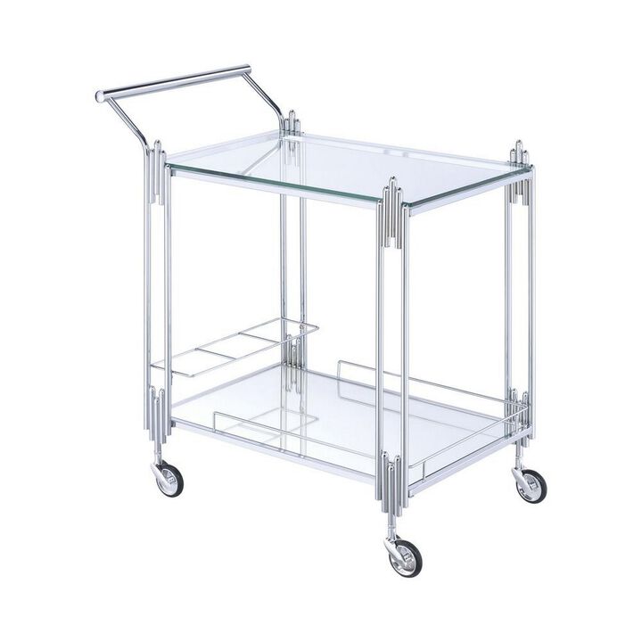 Metal and Mirror Rectangular Serving Cart with Open Shelf, Silver-Benzara