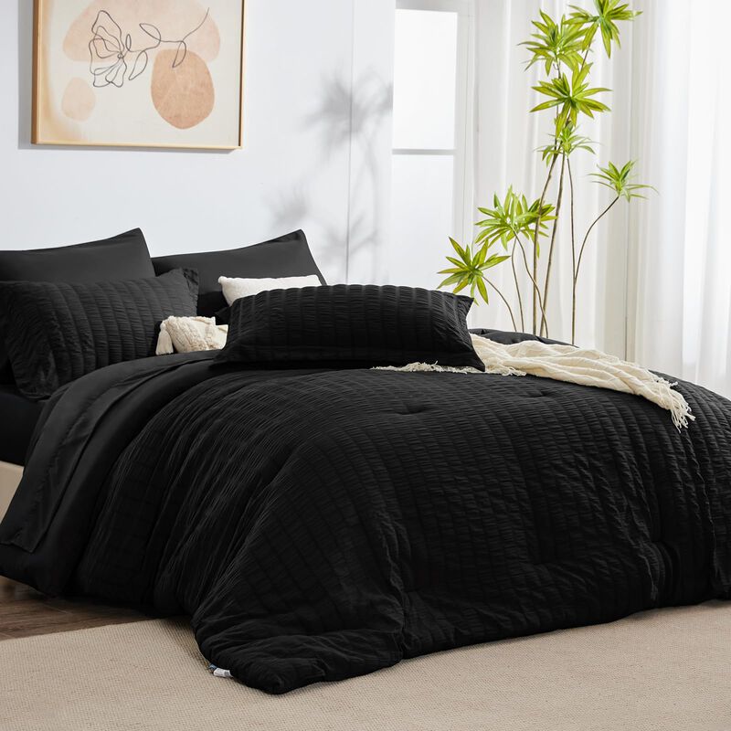CozyLux Full Seersucker Comforter Set with Sheets Black Bed in a Bag 7-Pieces All Season Bedding Sets with Comforter, Pillow Sha