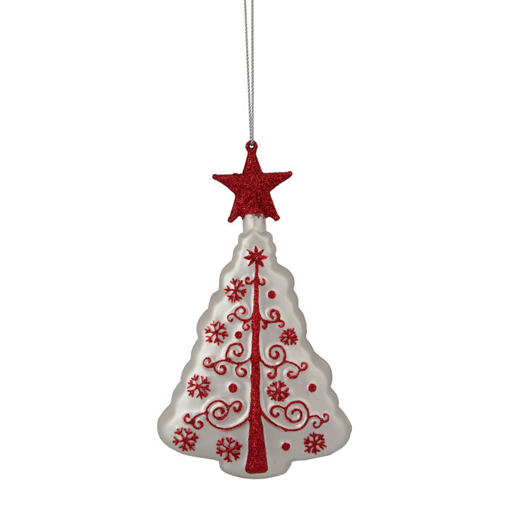 6" White and Red Christmas Tree Glass Ornament