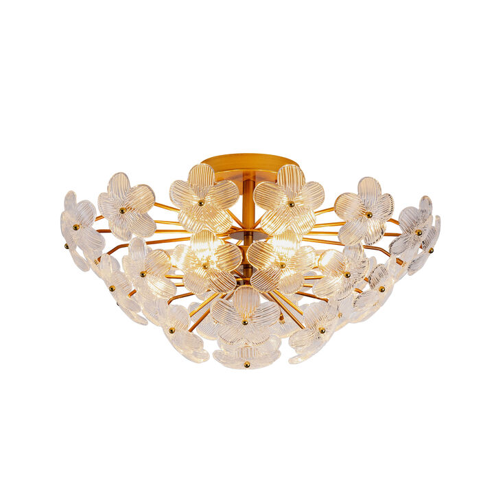 Bibiana Modern 6-Light 22.4" Glam Ribbed Glass Flower Flush Mount - Medium‑gloss Brushed Brass Finish