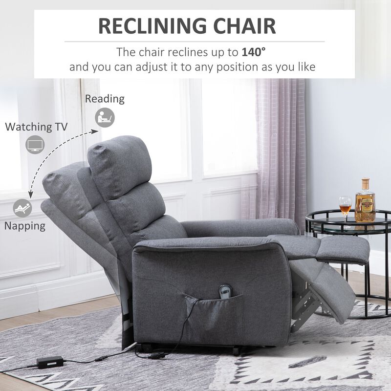 Power Lift Assist Recliner Chair with Remote Control, Linen Fabric Upholstery Grey