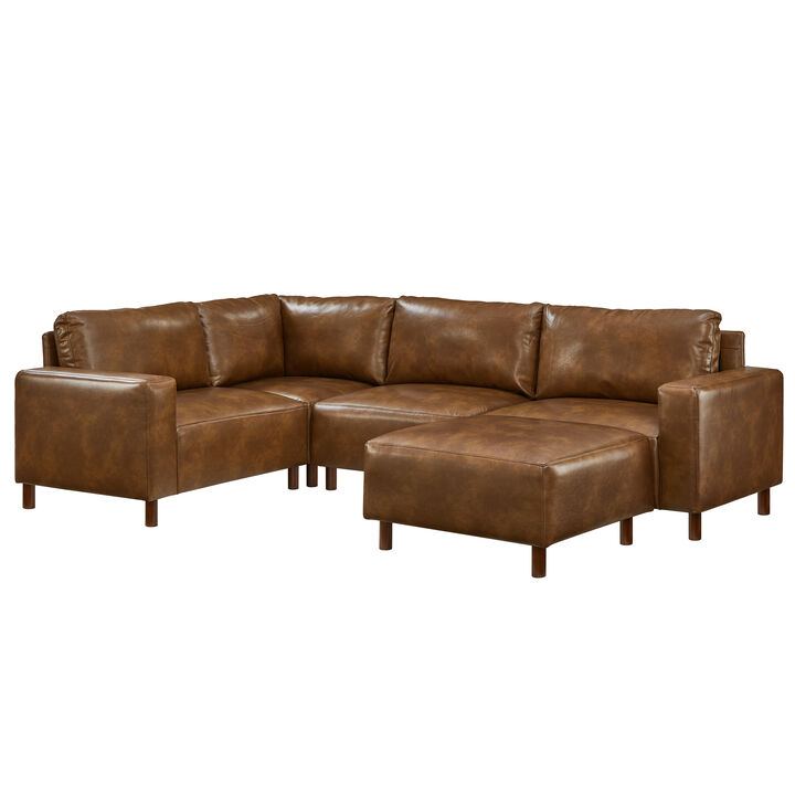 Sledve Mid‑Century Modern Breathable Faux‑Leather 5‑Piece Sectional Sofa