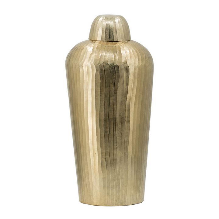 22 Inch Lidded Vase Jar, Tall Curved Silhouette, Hammered Texture, Gold - Benzara