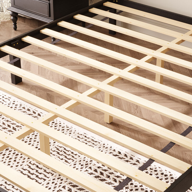 FUFU&GAGA Modern Upholstered Solid Wood Bed Frame in Black, Rubberwood Platform Bed with Padded Linen Headboard and Plywood Slats, Queen Size, (82" L x 63.3" W x 40.9" H),Black