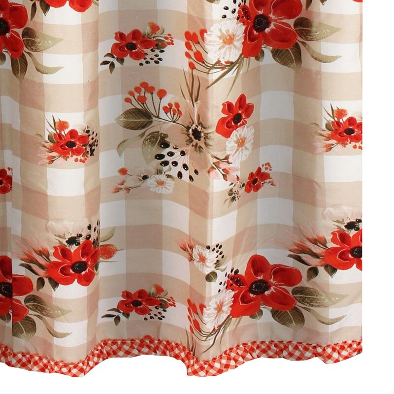 Lire 72 x 72 Inch Shower Curtain, Ruffled Rows, Floral Print, Multicolor - Benzara
