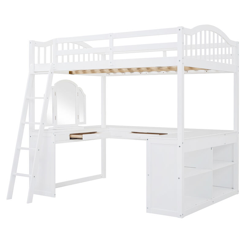 Merax Loft Bed with U-shaped Desk and Tri-fold Mirror