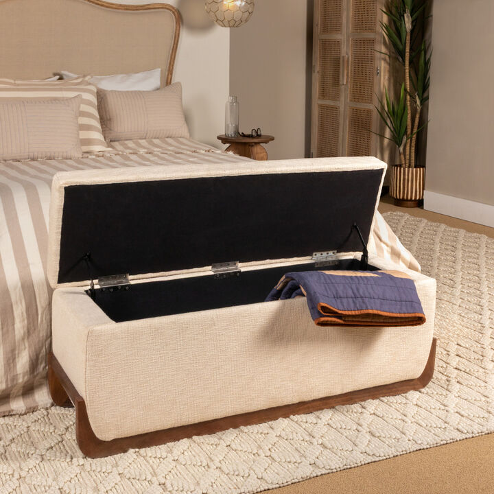 Mango Wood and Boucle Storage Bench, Ivory