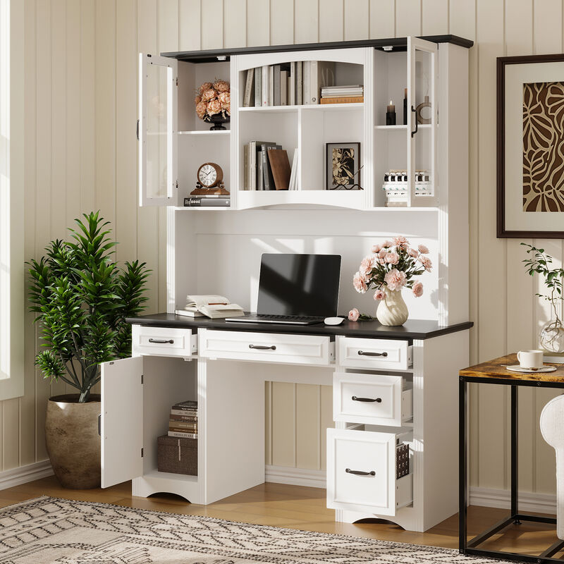 FUFU&GAGA Rustic Office Desk with Transparent Glass Doors, Shelves, Multiple Drawers, Large Storage Space, and Power Strip, (57.9 in. W x 10.7 in. D x 78.7 in. H), White and Black