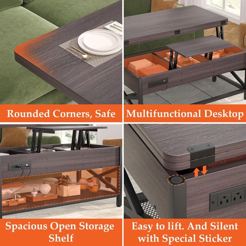 Aheaplus Coffee Table Lift Top Multi-Function Coffee Table Converts to Dining Table, with LED Light and Power Outlet, Center Tab