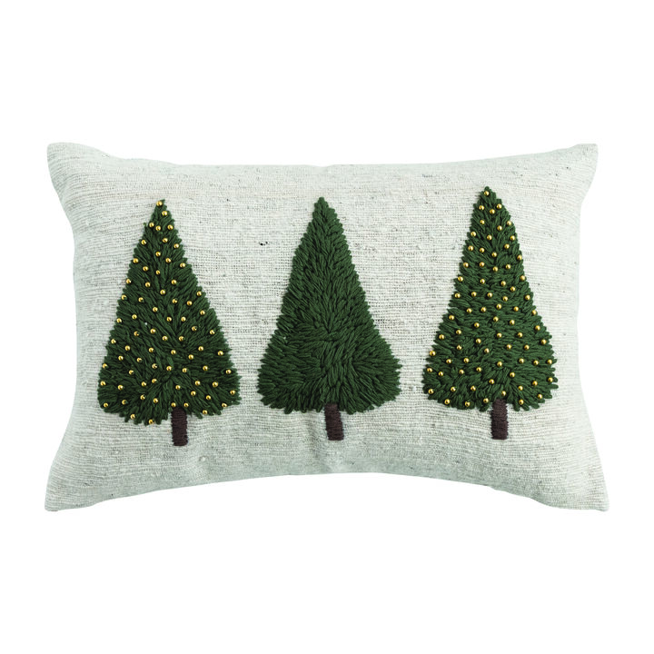 Hand-Woven and Wool Lumbar Pillow with Embroidered Trees and Beads, Natural, Green and Gold Finish