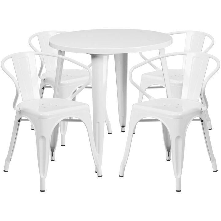 Flash Furniture Commercial Grade 30" Round White Metal Indoor-Outdoor Table Set with 4 Arm Chairs