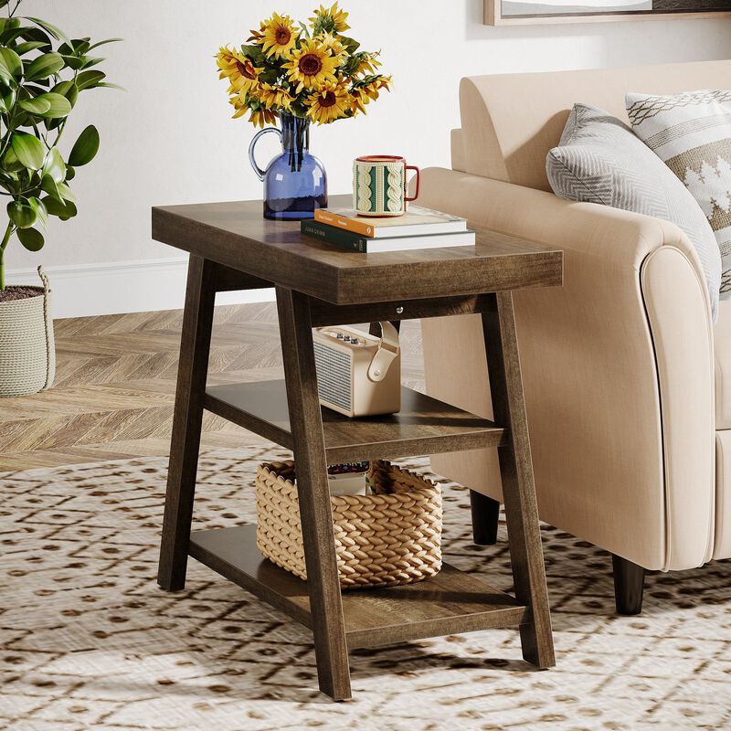 3-Tier Wood Side Table with Storage Shelf, End Table for Bedroom & Living Room - Rustic Brown image number 7