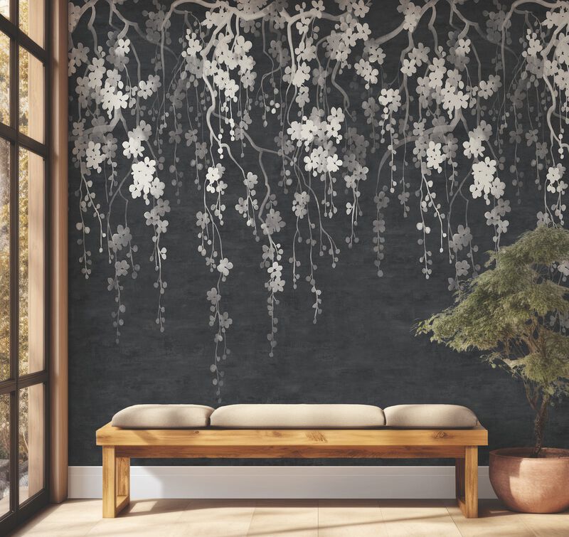 Sakura Blooms Black Wall Mural image number 4