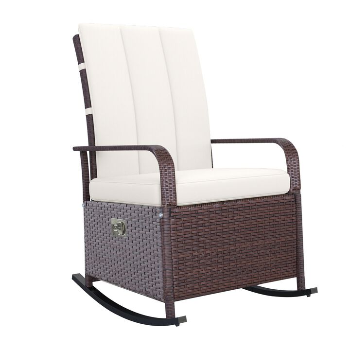 Cream Outdoor Rattan Wicker Rocking Chair: Patio Recliner with Soft Cushion, Adjustable Footrest, Max. 135 Degree Backrest