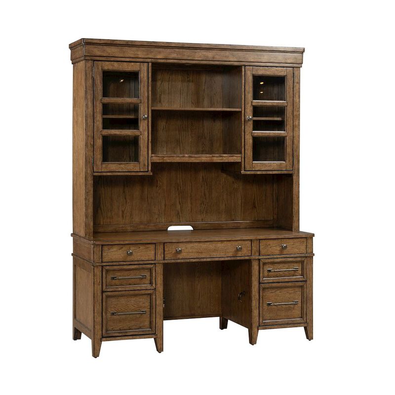 Liberty Furniture Credenza & Hutch with LED Light, Keyboard Tray - Amber Brown Oak Wood image number 6