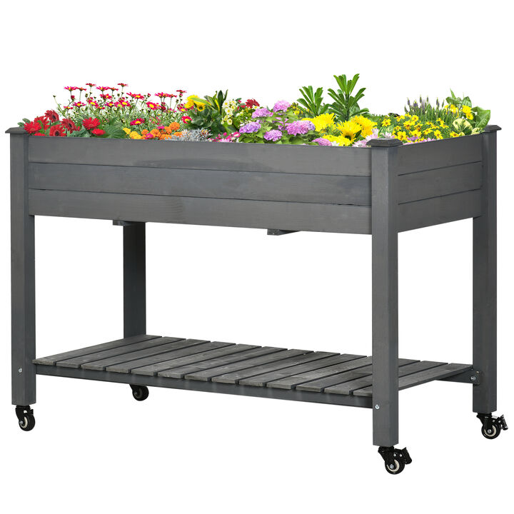 Outsunny Raised Garden Bed, 47" x 22" x 33", Elevated Wooden Planter Box with Lockable Wheels, Storage Shelf, and Bed Liner for Backyard, Patio, Dark Gray