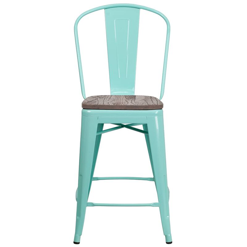 Flash Furniture Carly 24" High Mint Green Metal Counter Height Stool with Back and Wood Seat