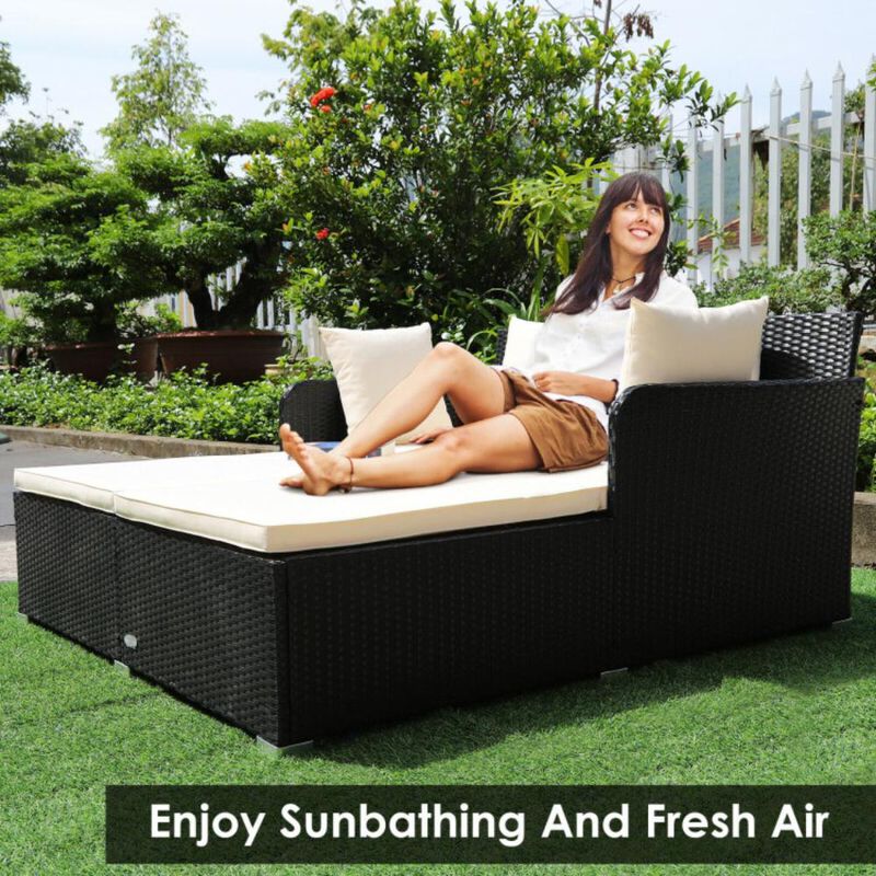 Hivvago Spacious Outdoor Rattan Daybed with Upholstered Cushions and Pillows-Black