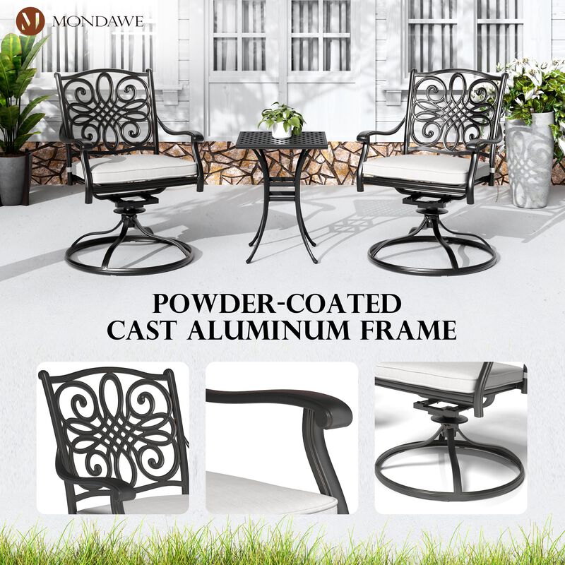 Mondawe 2 Pieces Cast Aluminum Swivel Chair Outdoor Patio Dining Chair with Olefin Fabric Cushion