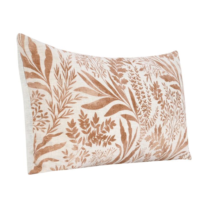 Mulo Lumbar Throw Pattern, Foliage Pattern 14x26 Inch Brown Flax Linen - Benzara