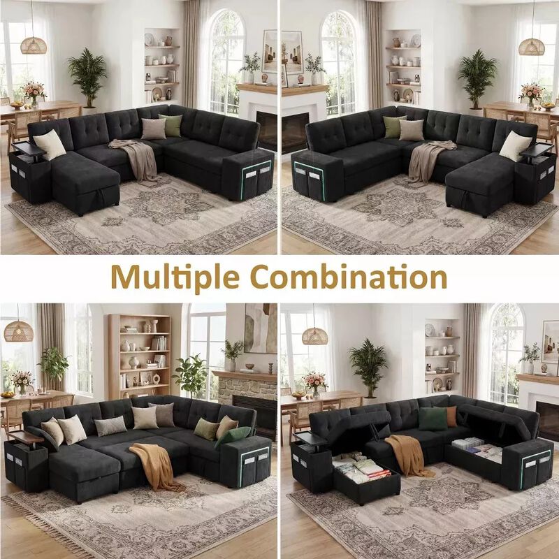Vipbear 112" U-Shaped 7-Seat Modular Chenille Sectional Sleeper Sofa, Pull Out Bed Reclining Couch image number 5