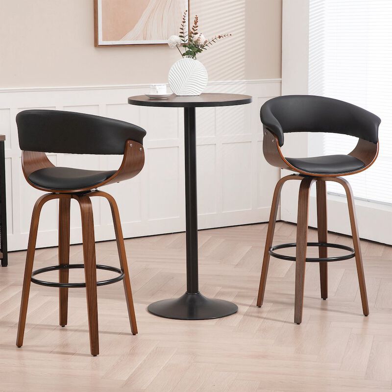 Glamour Home Beale Black Faux Leather Bar Stool with Walnut Wood Accent Legs