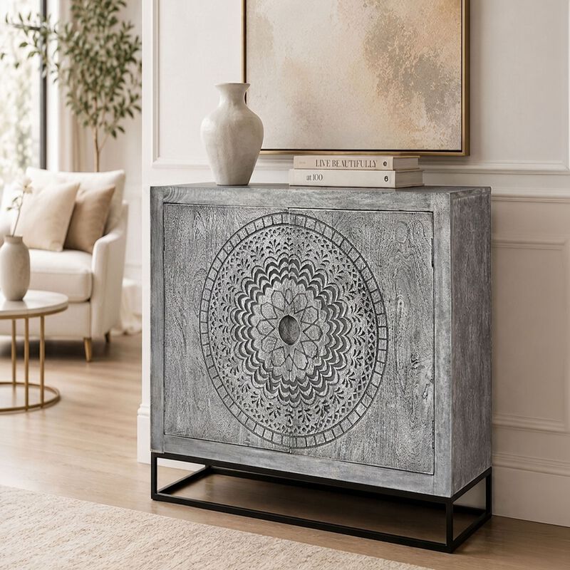 Zera 39 Inch Handcrafted Accent Cabinet with 2 Doors, Medallion Engraved, Sandblasted Gray Mango Wood, Black Iron Framed Stand image number 8