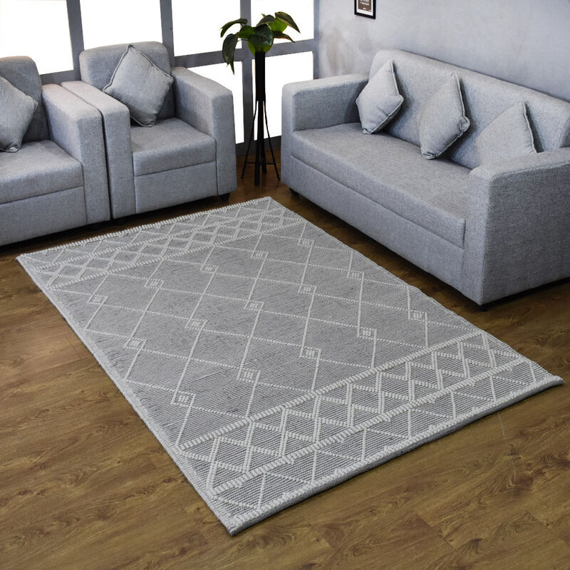 RUGSOTIC CARPETS HAND WOVEN FLAT WEAVE KILIM WOOL & COTTON ECO-FRIENDLY AREA RUGS - 5'x7'6'', Rectangle Shape, Ivory Black Color, Contemporary Modern Design, Low Pile  Handmade Area Rugs (DWC001)