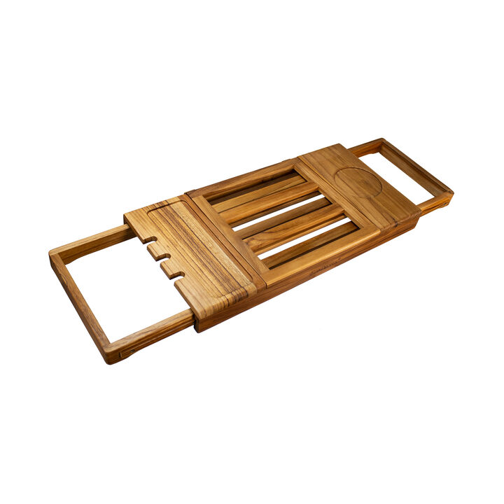 Expandable teak bathtub amenity tray