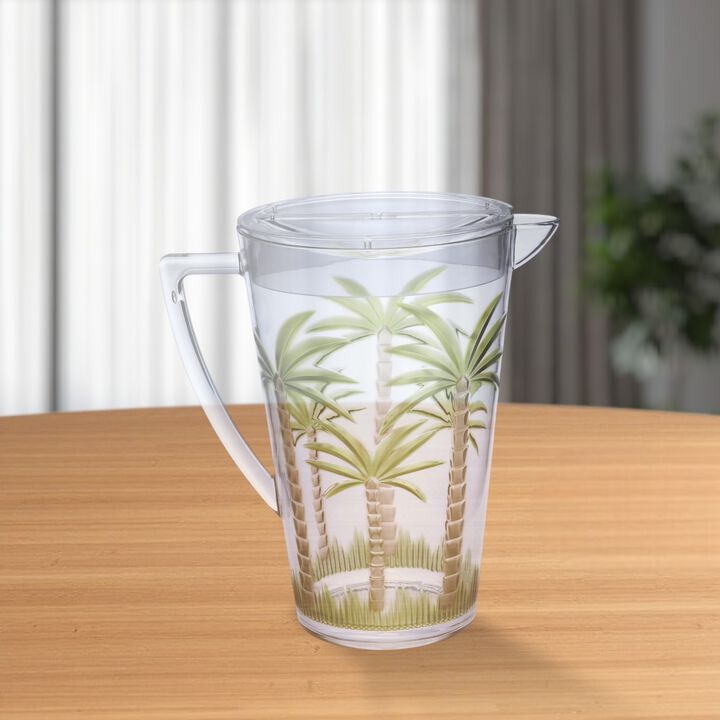 HomeRoots 2.5 Quart Clear and Green Palm Tree Acrylic Pitcher