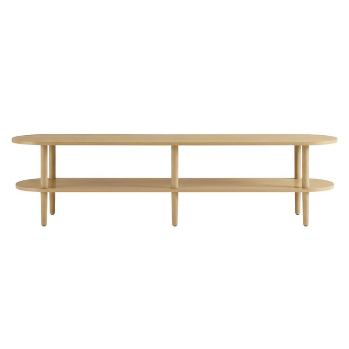 Brown wood TV stand with solid mango construction and oval design