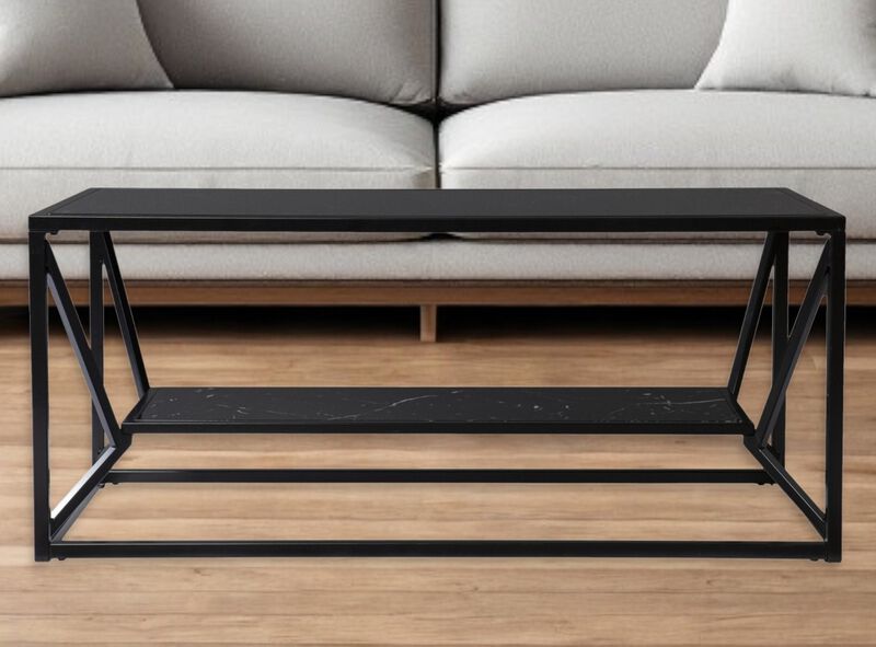 Hivvago 42 Inch  Black Glass Faux Marble And Metal Coffee Table With Shelf