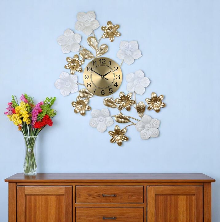 HomeRoots 26" Gold White And Black Metal Silent Analog Floral Wall Clock