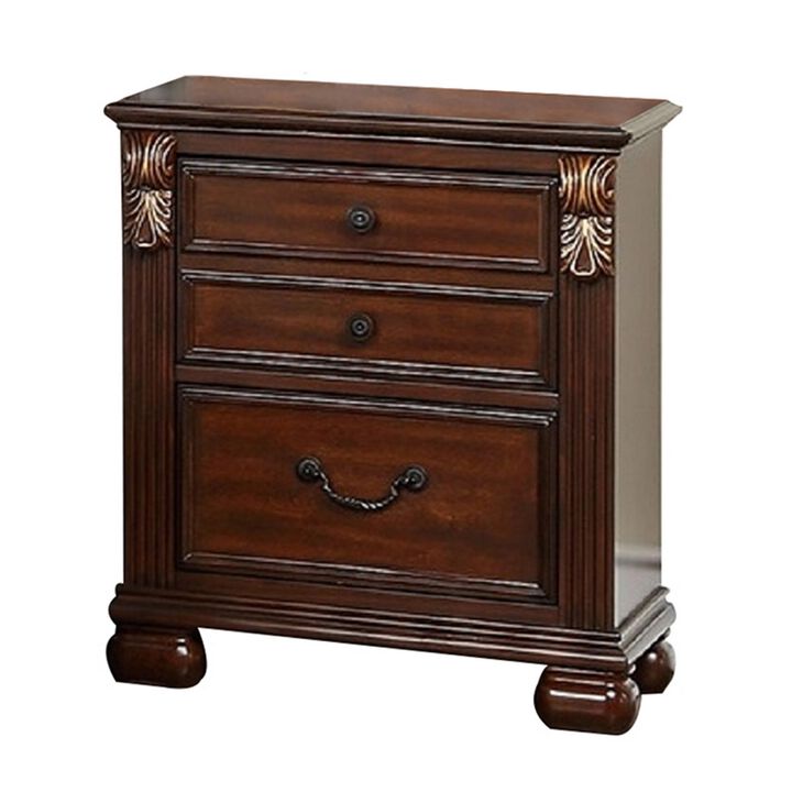 Miri 25 Inch 3 Drawer Nightstand, Brass Carved Accents, Cherry Oak Brown-Benzara