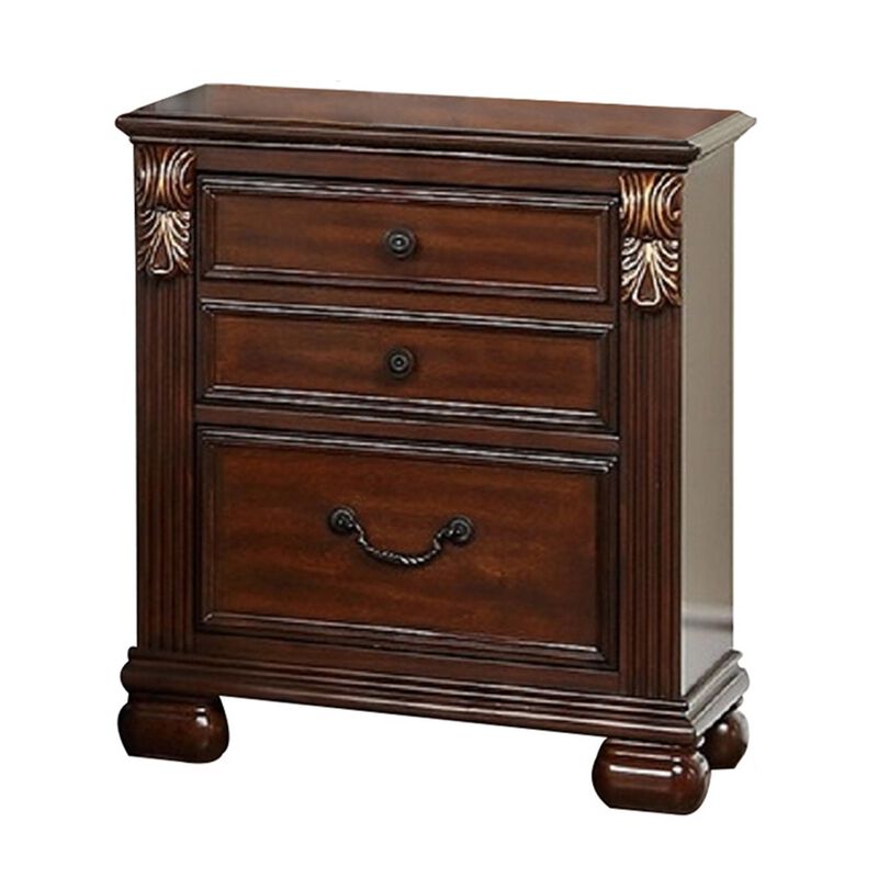 Miri 25 Inch 3 Drawer Nightstand, Brass Carved Accents, Cherry Oak Brown-Benzara