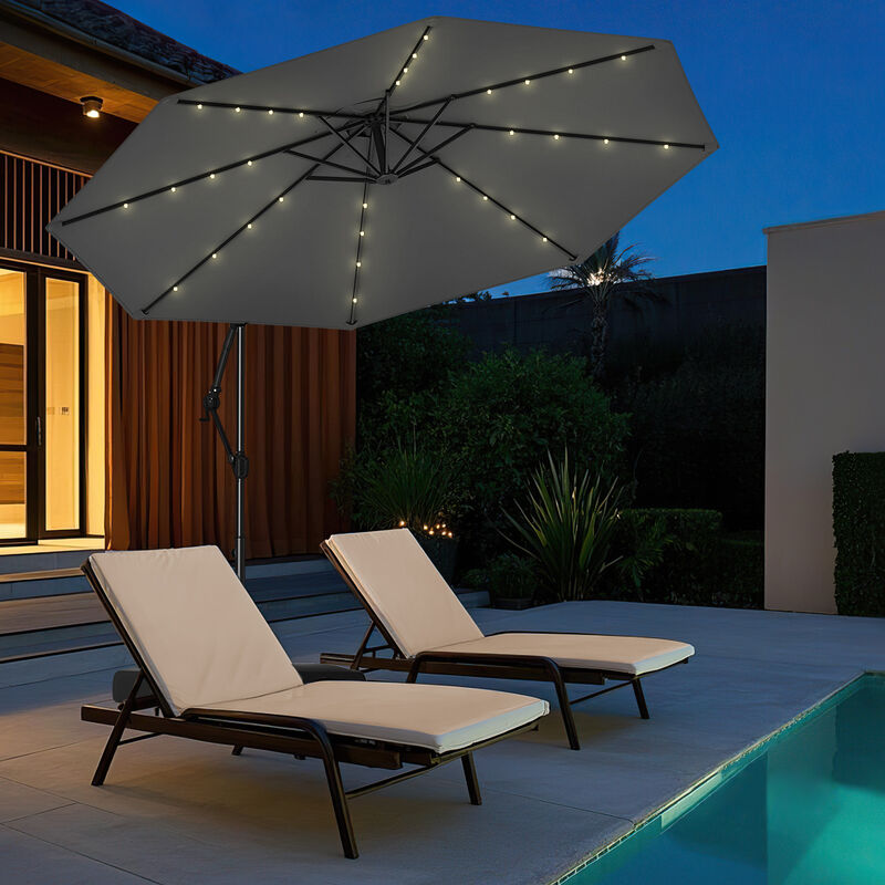Solar Offset Umbrella with 32 LED Lights &ndash; Hanging Patio Shade with Base