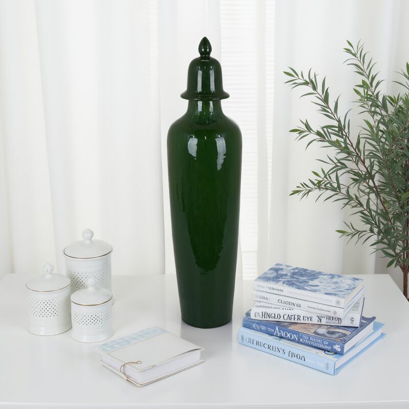 Jesi Accent Temple Jar with Lid, Decorative Green Ceramic, 29 Inch - Benzara