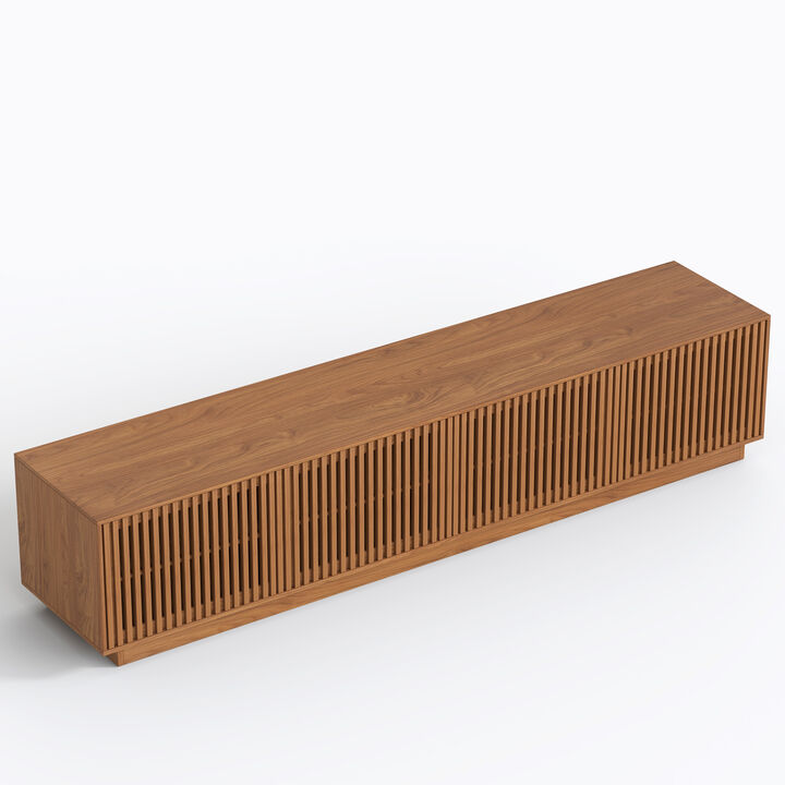Wooden TV Stand with 4 Slatted Doors for Living Room, Walnut