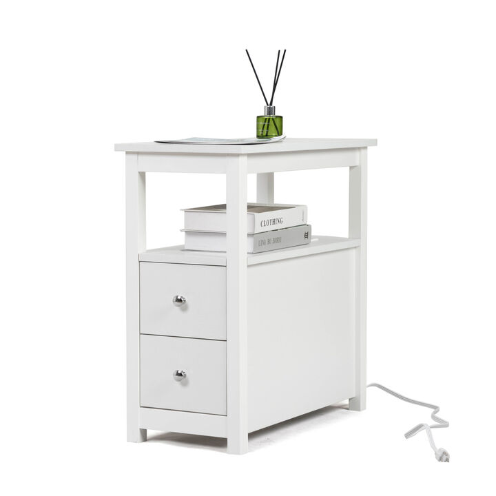 End Table with Charging Station, Narrow Sofa Side Table, Wooden Nightstand, Bedroom, White