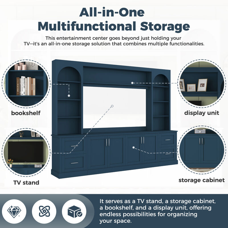 Merax All-in-One TV Stand with Arched Design, 4 Drawers, Adjustable Shelves, Built-in Cable Holes image number 4