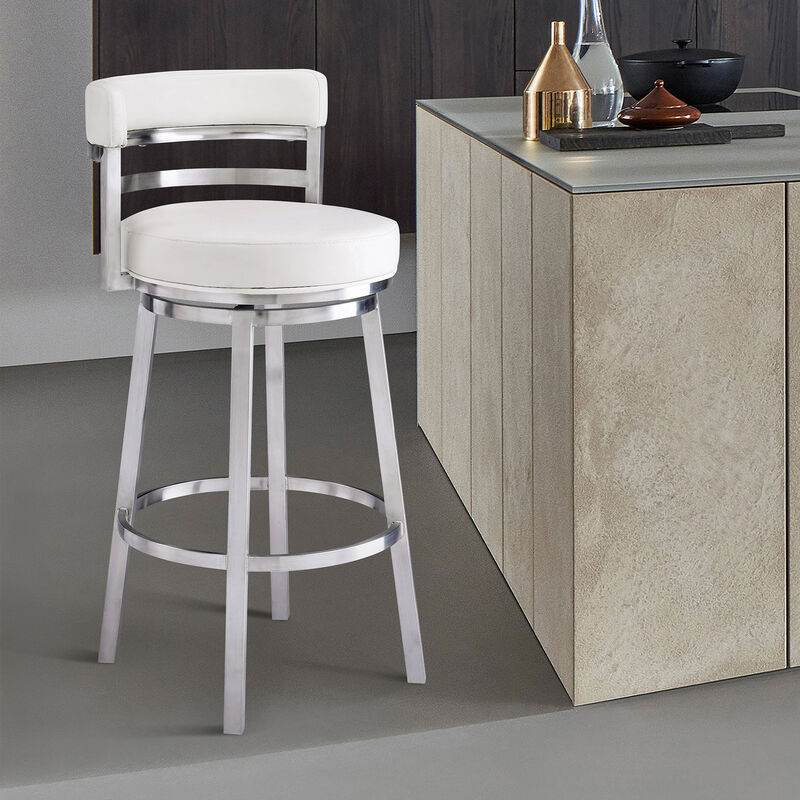 Madrid  Counter Height Swivel White Faux Leather and Brushed Stainless Steel Bar Stool image number 2