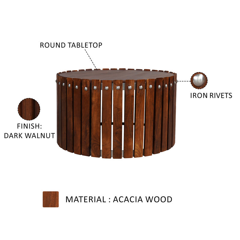 Myla 31 Inch Handcrafted Round Coffee Table with Vertical Planks, Iron Rivets, Dark Walnut Brown Acacia Wood