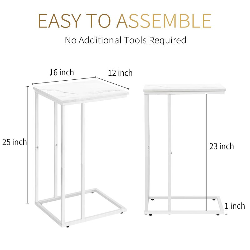 Possile C Shaped End Table Set of 2 for Sofa and Bed, Couch Tables That Slide Under, Side Table for Couch with Faux Marble Top,