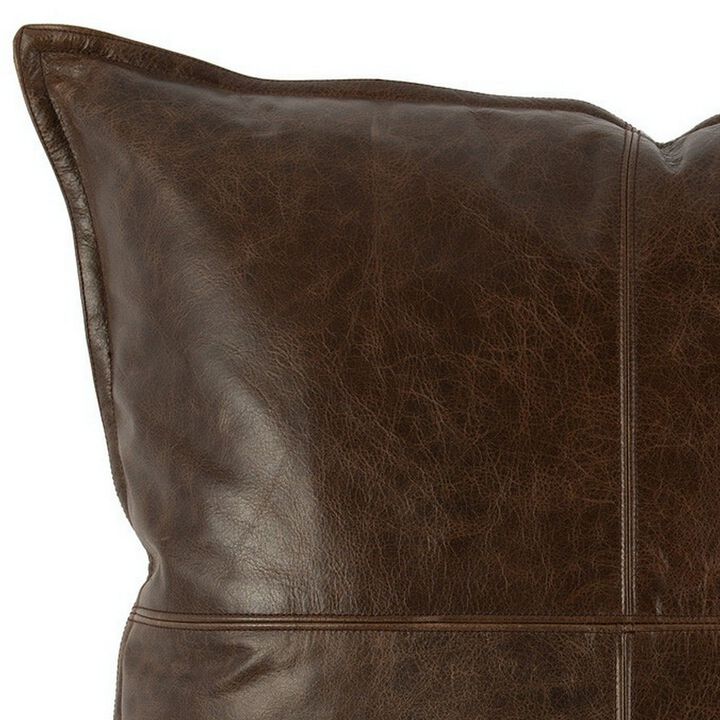 Square Leatherette Throw Pillow with Stitched Details, Dark Brown-Benzara