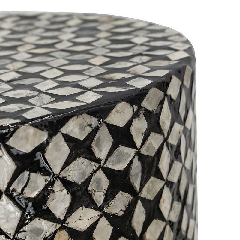 20 Inch Capiz Accent Stool Table, Cylindrical Geometric, Silver, Black