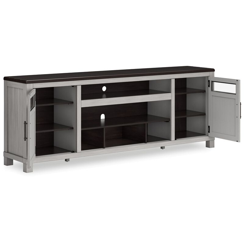 Darn TV Media Console, Open Space, Gray, Brown Acacia Wood, 88 Inch - Benzara