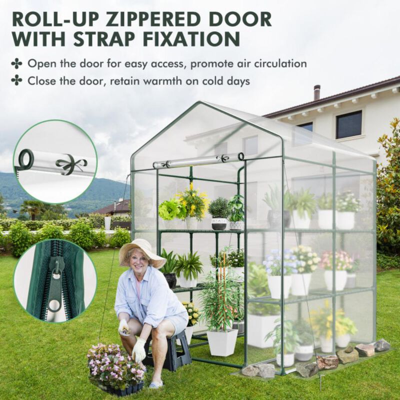 Hivvago Walk-in Greenhouse with 3 Tiers 8 Shelves PVC Cover Roll-up Zippered Door