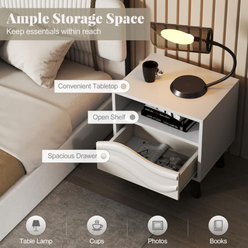 Hivvago Nightstand Mid Century Modern Bedside Table with 3D Wavy Pattern and Open Shelf