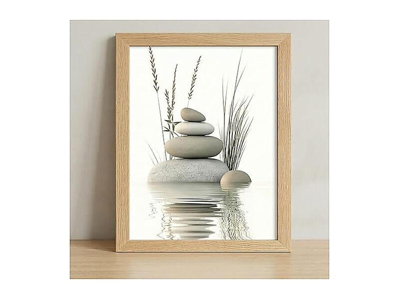 Calming Zen Stone Framed Wall Art Serene Rock Balance Water Reflection Reeds Spa image number 2