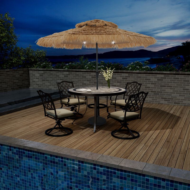 Mondawe 10 ft Hawaiian Crank Design 2 Tier Straw Patio Umbrella with LED Light & Round Based image number 1
